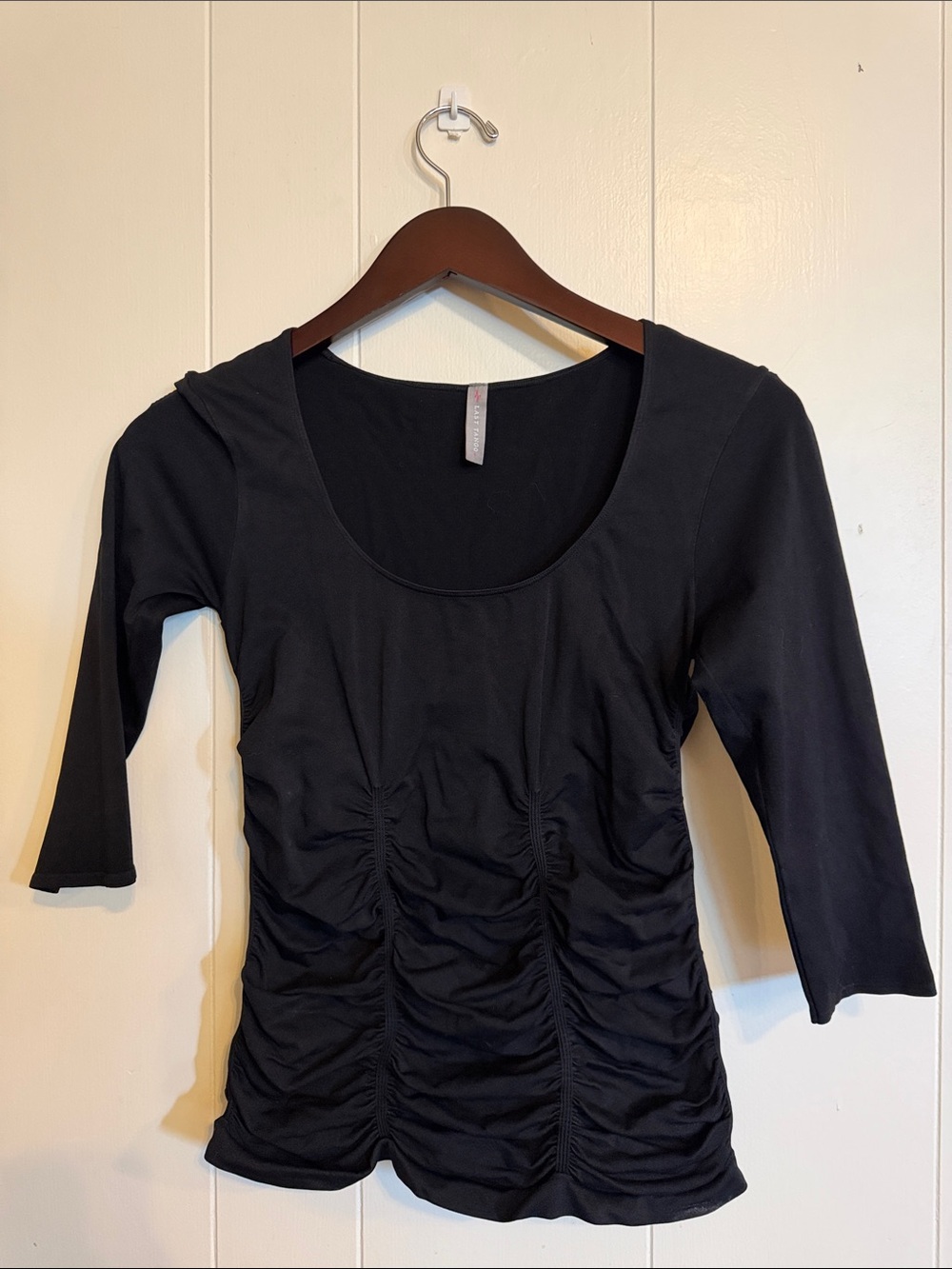 Last Tango Black Ruched Scoop-Neck 3/4 Quarter Sleeve Top Size M/L